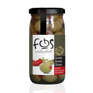 Fos Greek green olives stuffed With natural red pepper 215g